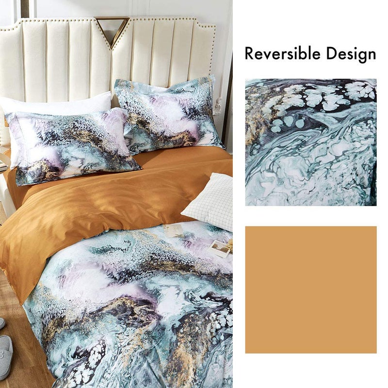 MILDLY 100% Long Staple Cotton Duvet Cover Set Green Golden Grey Mixed Marbling Pattern Printed Comforter Cover Set - Image 3